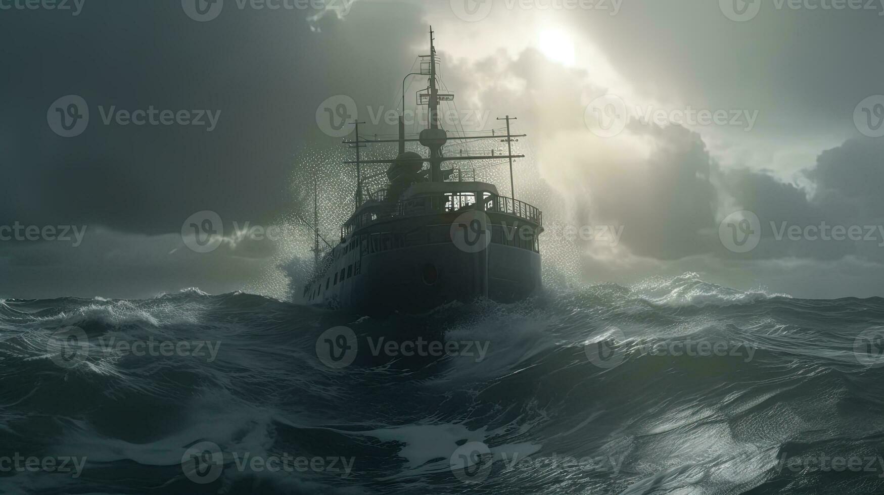 nave nel il tempestoso mare con enorme onde. gigante tempestoso onde nel il oceano e barca. generato ai. foto