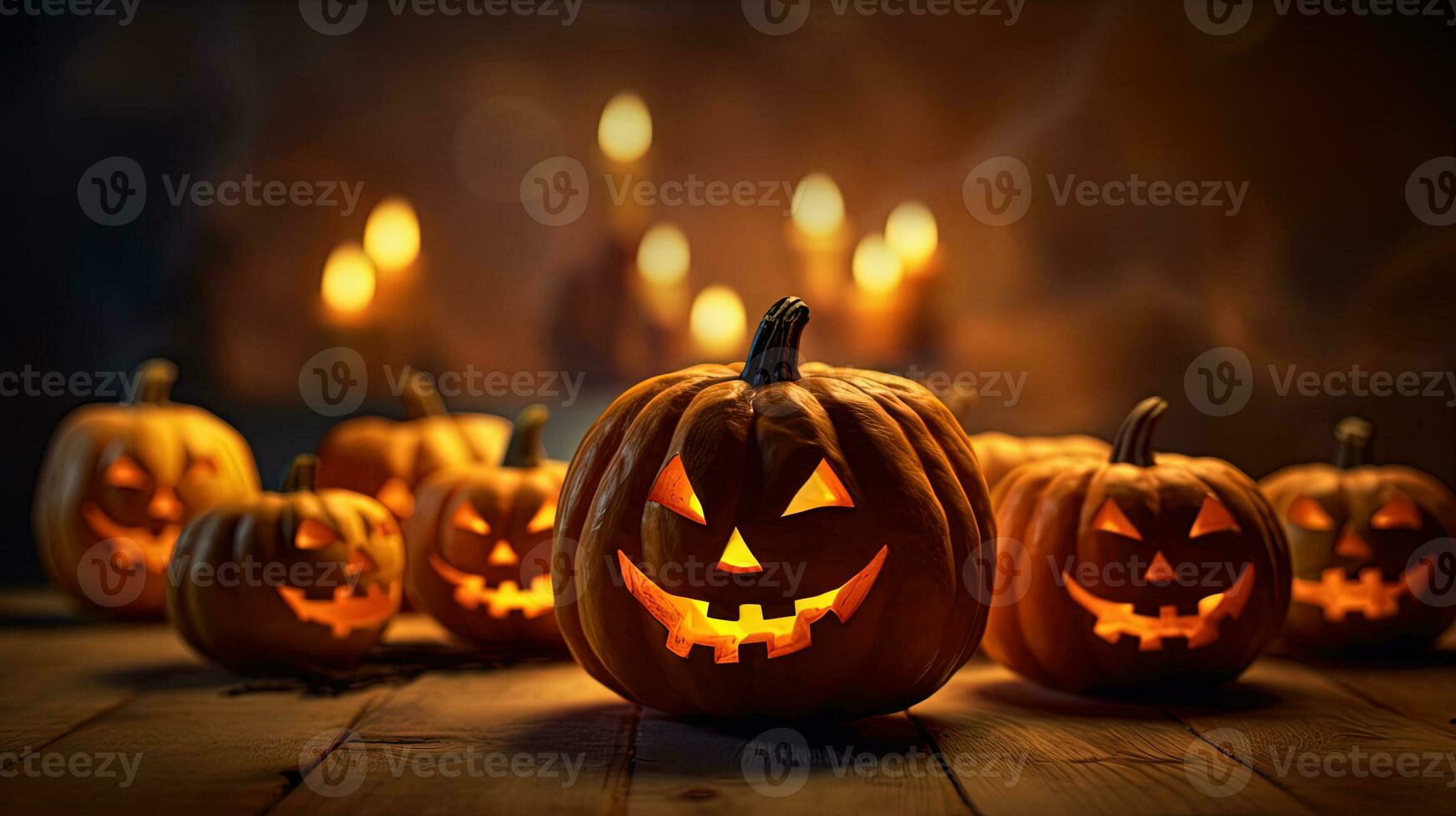 Halloween zucche riga su il di legno pavimento. Jack o lanterna parata per Halloween vacanze. generato ai. foto