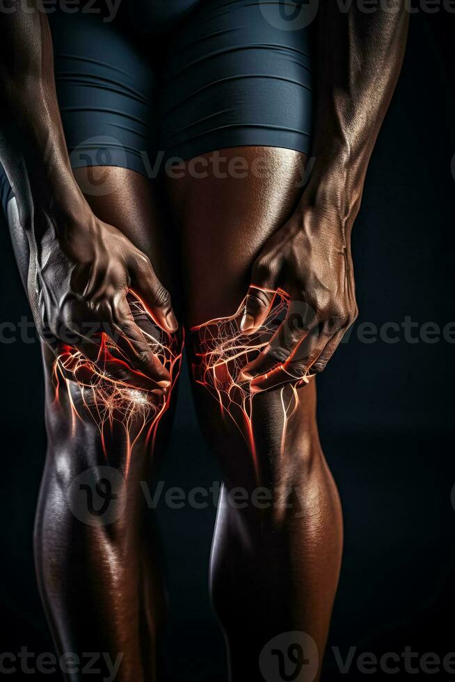 maschio atleta con da vicino Visualizza di ginocchio dolore spesso avvenendo durante atletico pratica e somigliante artrite foto