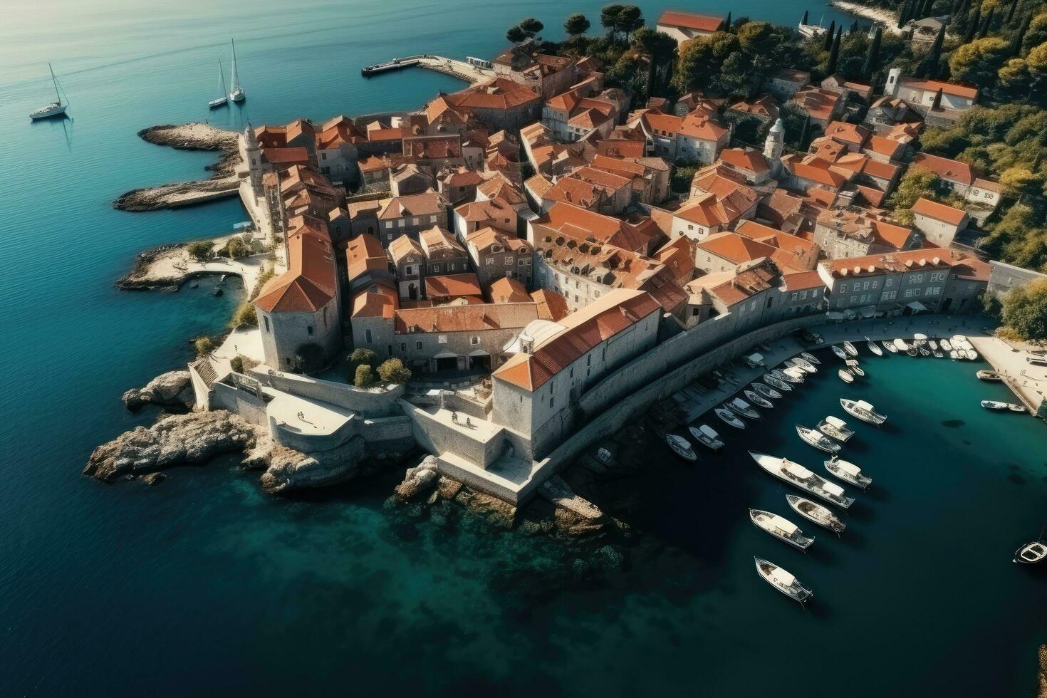 aereo Visualizza di il vecchio cittadina di dubrovnik, Croazia, aereo Visualizza su il vecchio cittadina. vacanza e avventura. cittadina e mare, ai generato foto