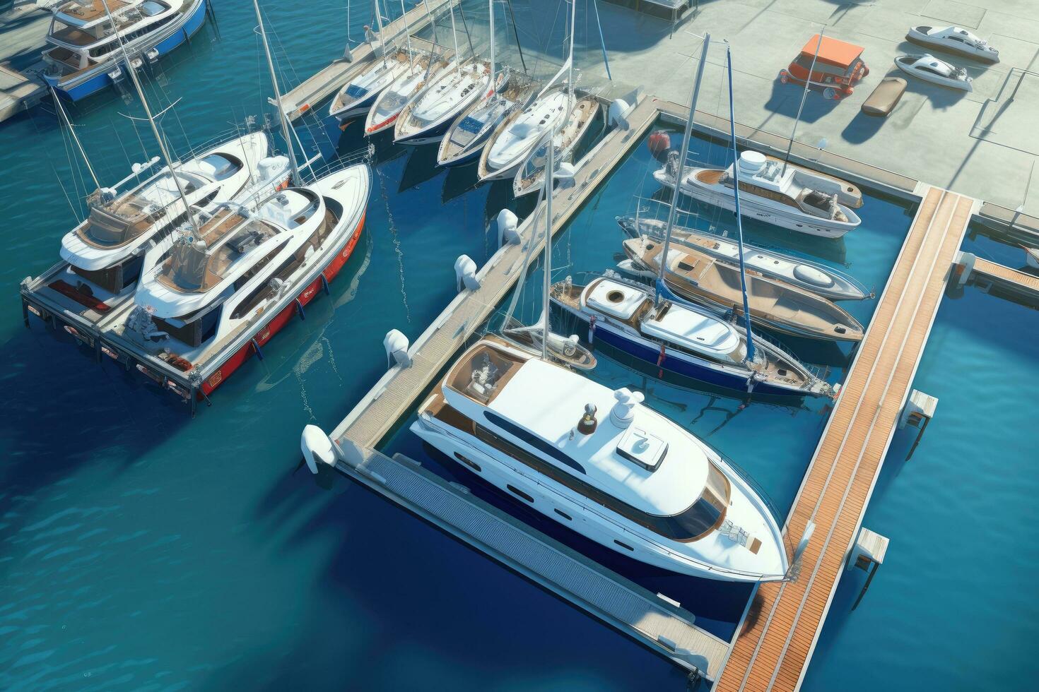 yachts e Barche ormeggiato nel un' marina. aereo Visualizza. aereo Visualizza di il yacht club. aereo superiore giù Visualizza di attraccato barche a vela. superiore giù Visualizza di yacht. 3d visualizzazione, ai generato foto