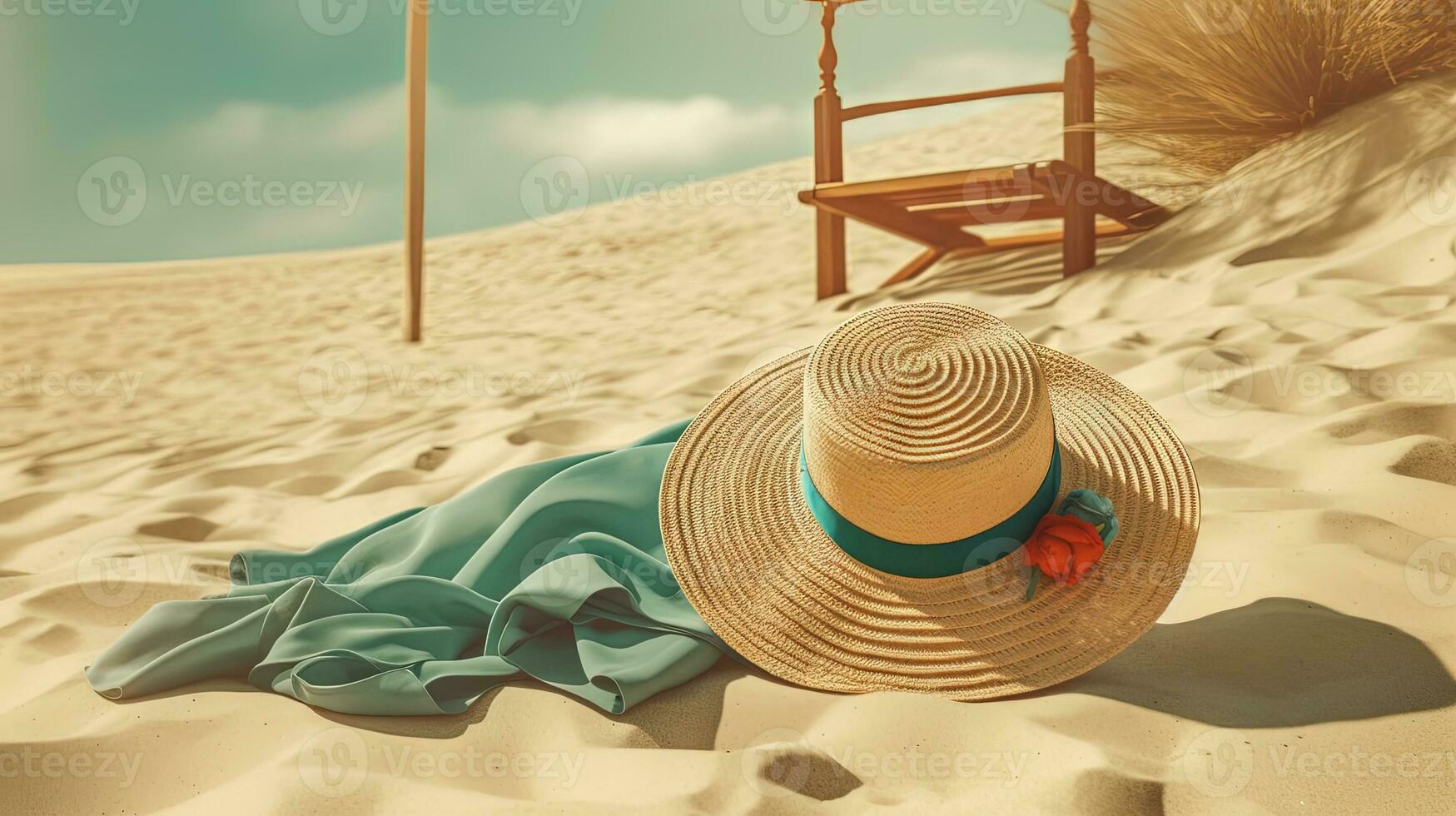 cappello e asciugamano su il sabbia di il spiaggia. vacanza scena con cannuccia cappello su il riva linea. generativo ai. foto