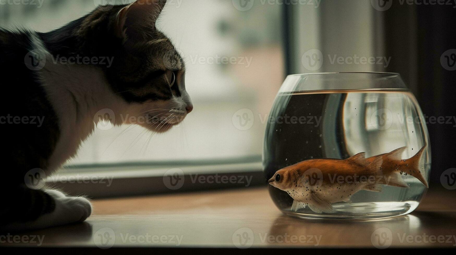 carino gatto Guardando il pesce. divertente gattino annusando il pesce. generato ai. foto