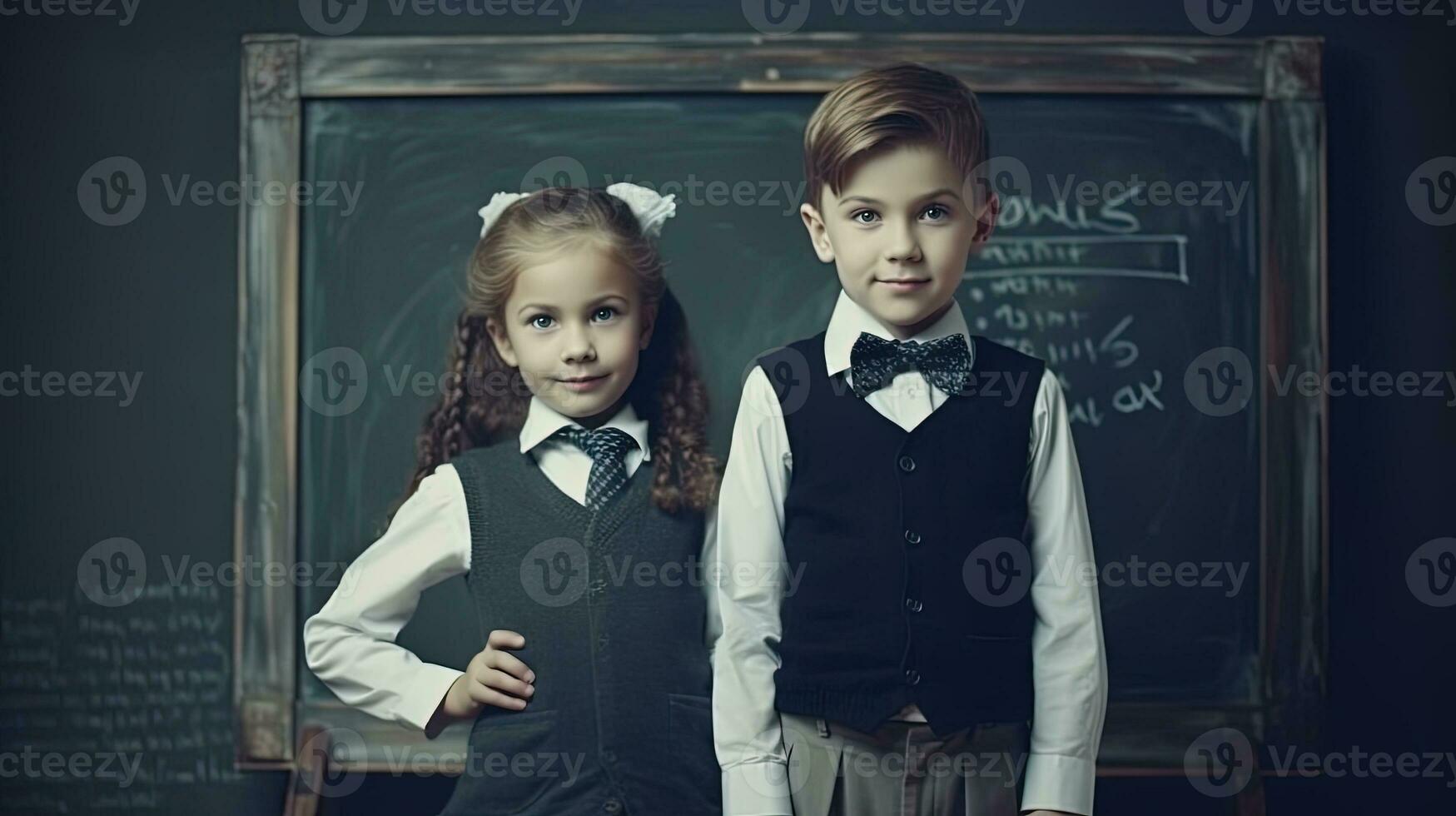 scuola allievo, ragazzo e ragazza in piedi nel davanti di nero tavola. scuola bambini coppia. generato ai. foto