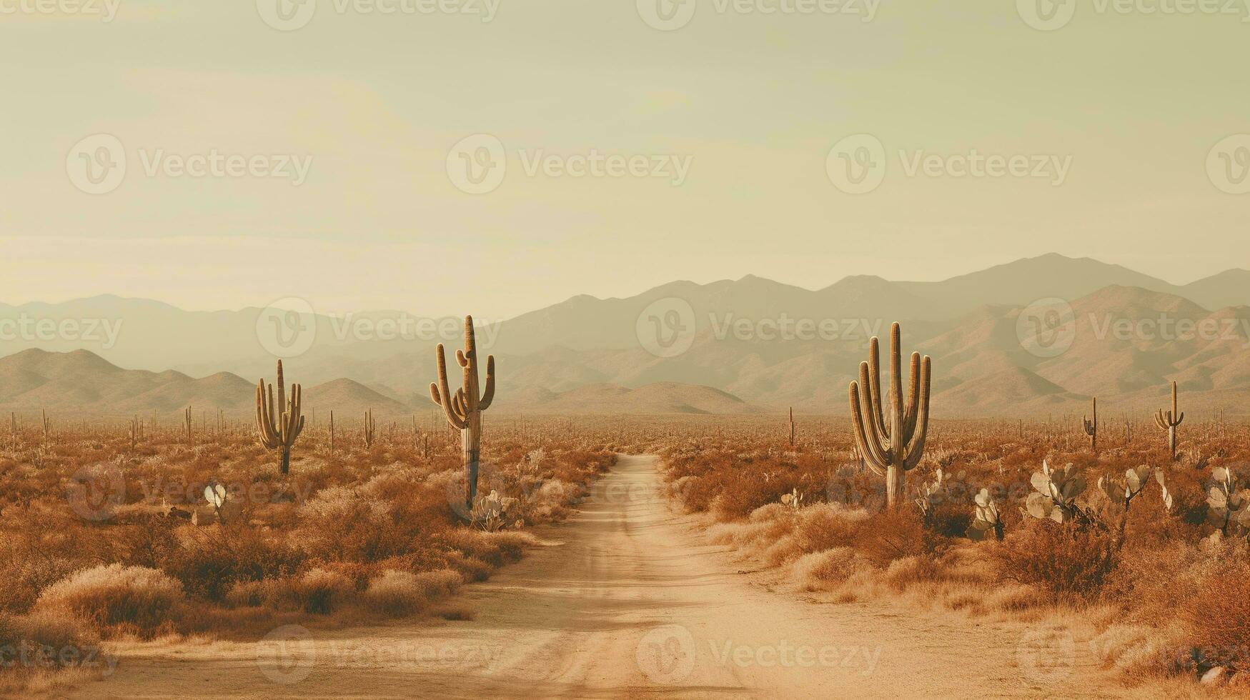 generativo ai, solitario strada nel il deserto, estetico, smorzato neutro colori, cactus impianti foto