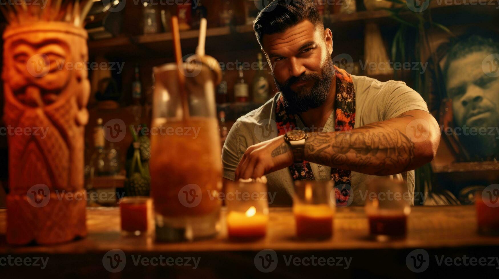 tiki bevanda cocktail. tropicale tiki cocktail sbarra. amichevole maschio barista foto