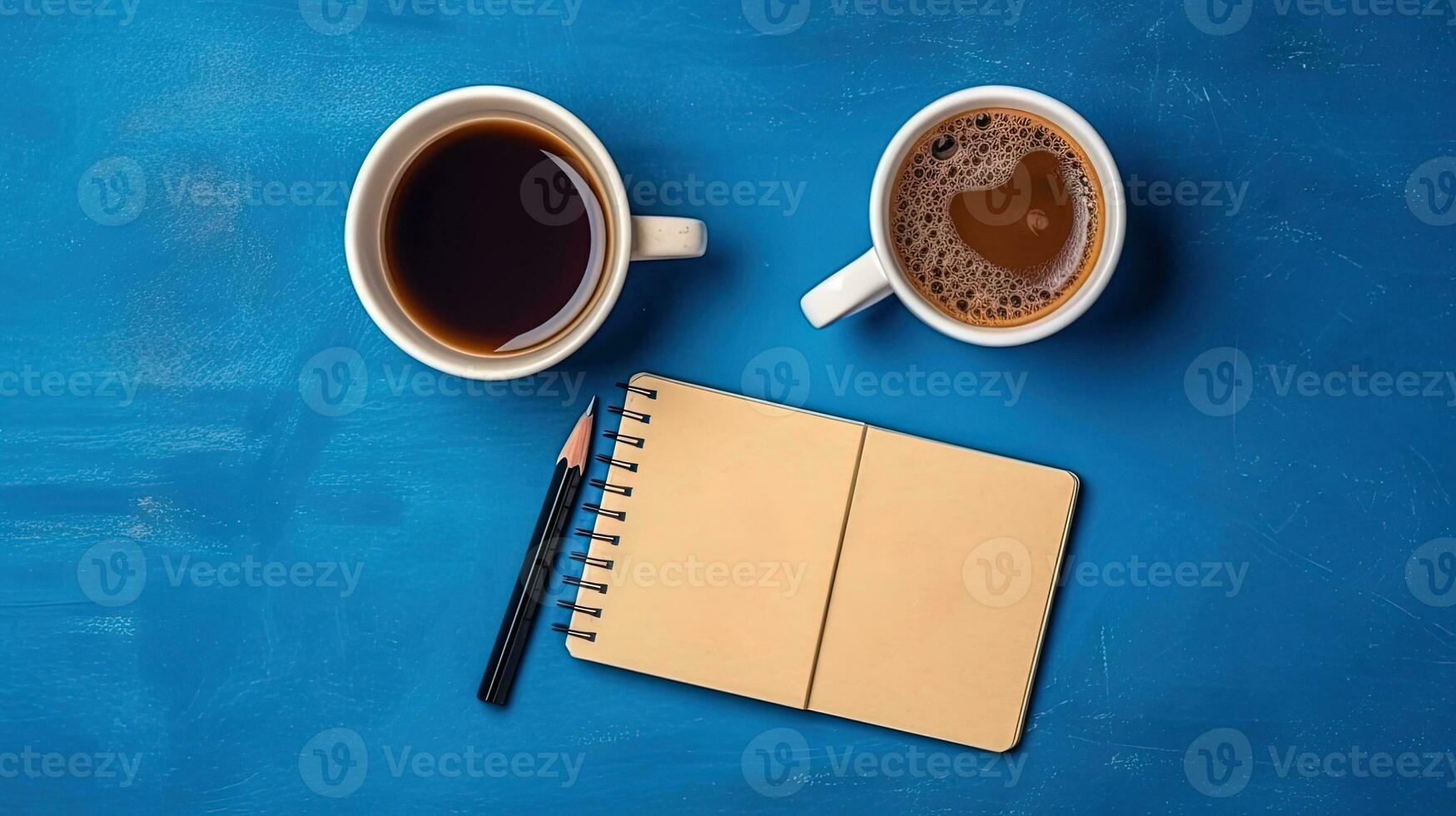 tazza di caffè e bloc notes con penna, superiore Visualizza. generato ai. foto