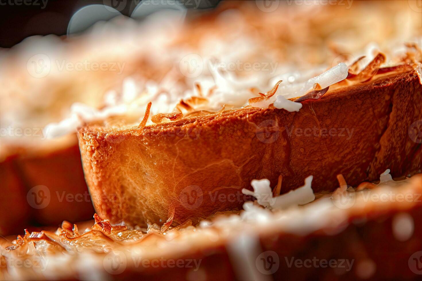 Noce di cocco pane abbrustolito, macro tiro di un' fresco prima colazione con gocciolante Miele, ai generato foto