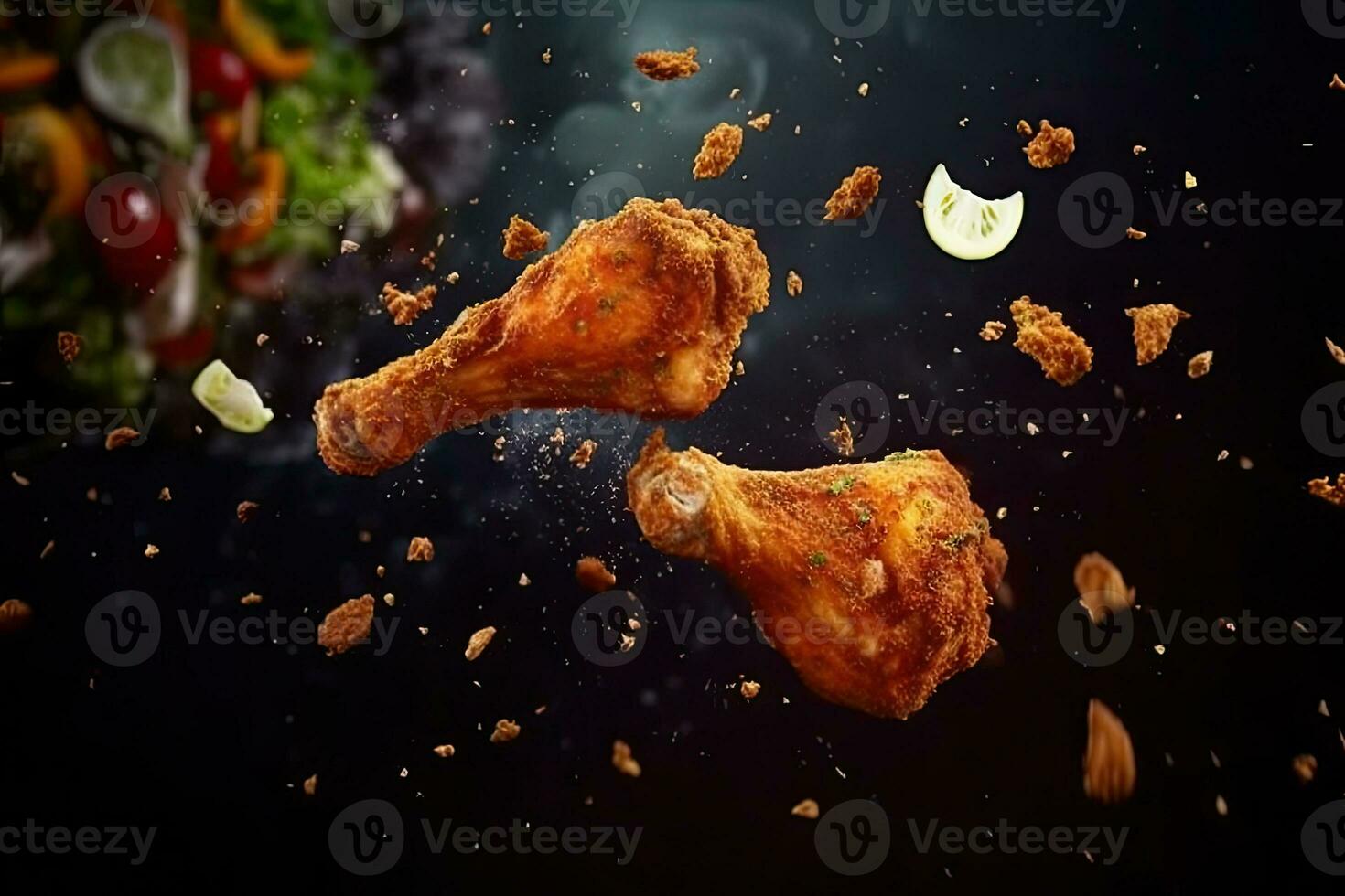 volante elementi di fritte pollo con pomodori e prezzemolo, generativo ai foto