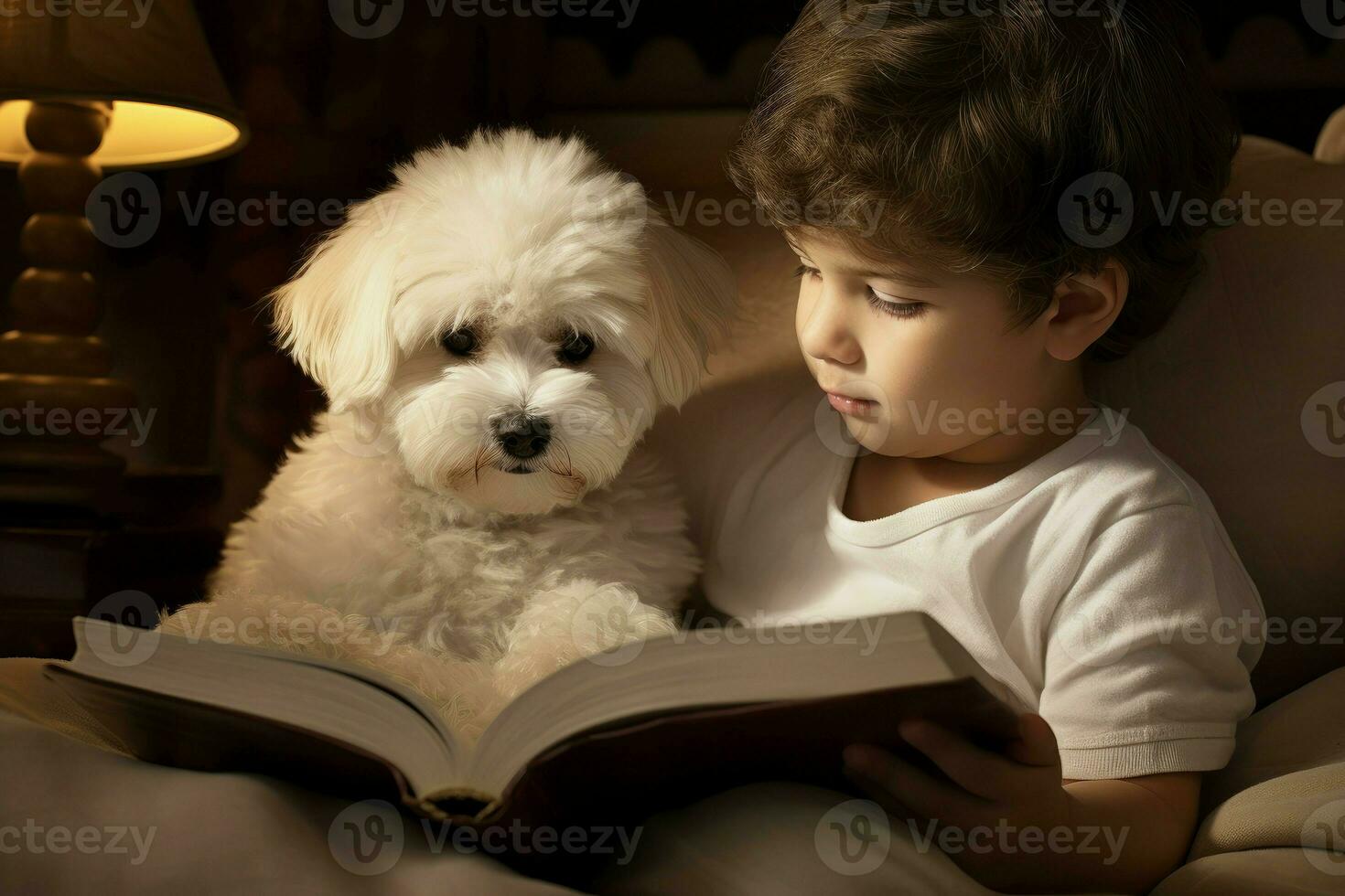 ragazzo con bichon frise cane lettura libro nel letto. creare ai foto