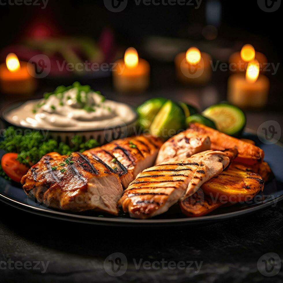 piatto di grigliato salmone con erbe aromatiche generativo ai foto
