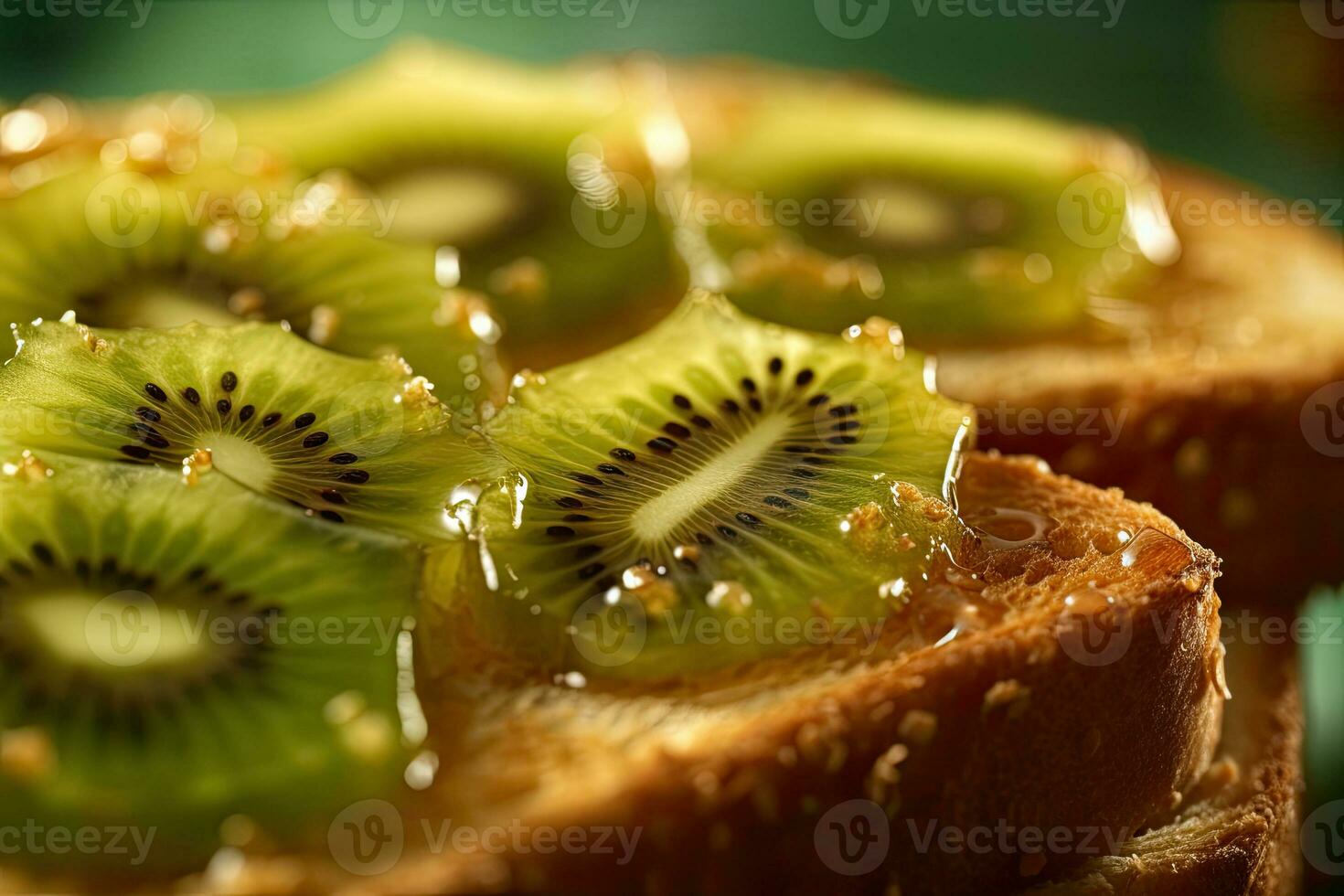 kiwi pane abbrustolito, macro tiro di un' fresco prima colazione con gocciolante Miele, ai generato foto