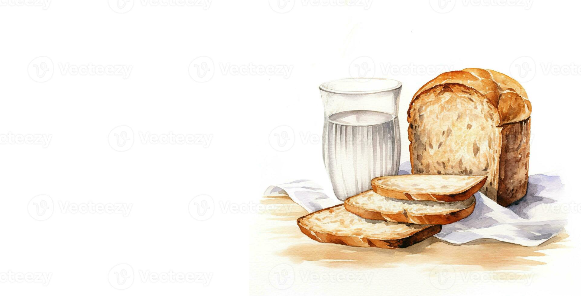 acquerello illustrazione di un' bicchiere di latte e affettato pane su un' bianca sfondo. foto