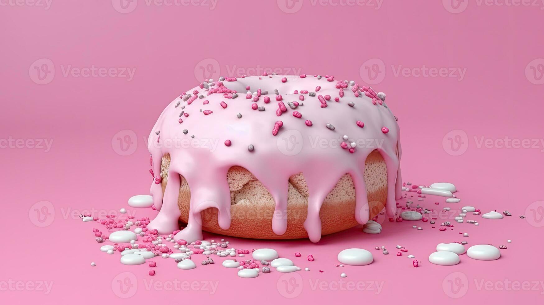 Bitten rosa glassatura ciambella con marshmallows su rosa sfondo, ai generato foto