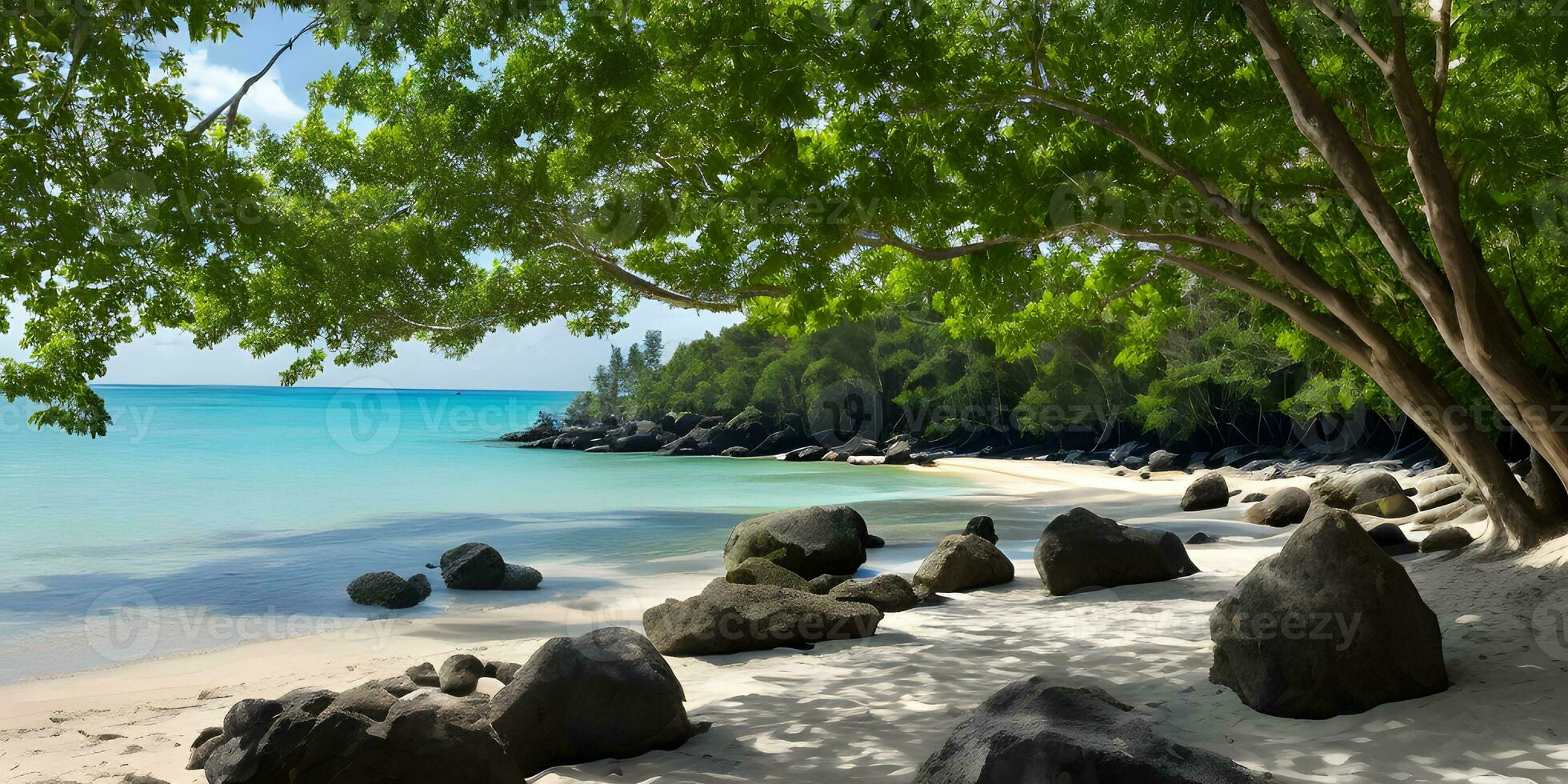 rilassante panoramico spiaggia primavera estate di verde fogliame di alberi e rocce. ai generativo foto