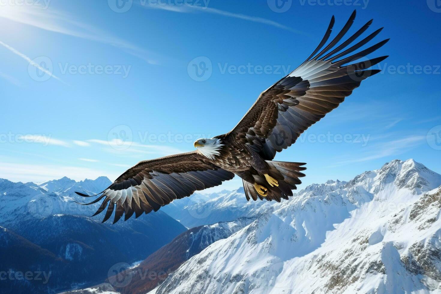 maestoso aquila Soaring sopra un' incontaminato, snow-capped montagna gamma sotto un' blu cielo ai generativo foto