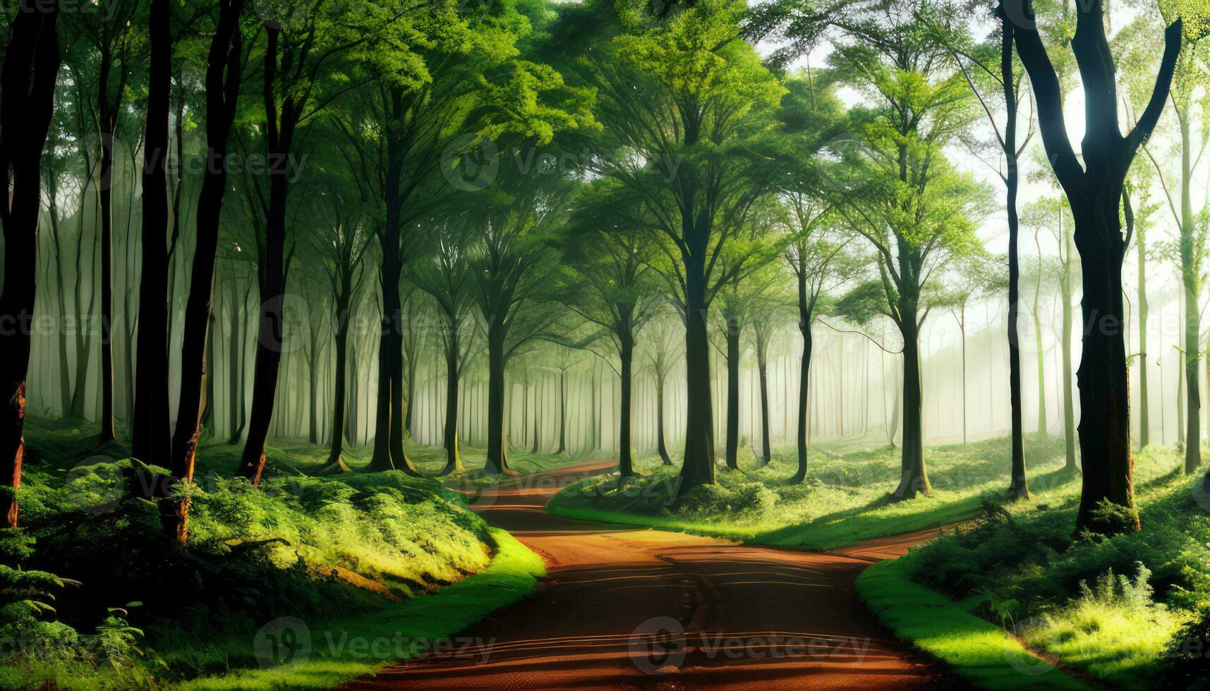 sporco strada nel il verde foresta nebbioso mattina alberi per sfondo creato con ai generativo foto