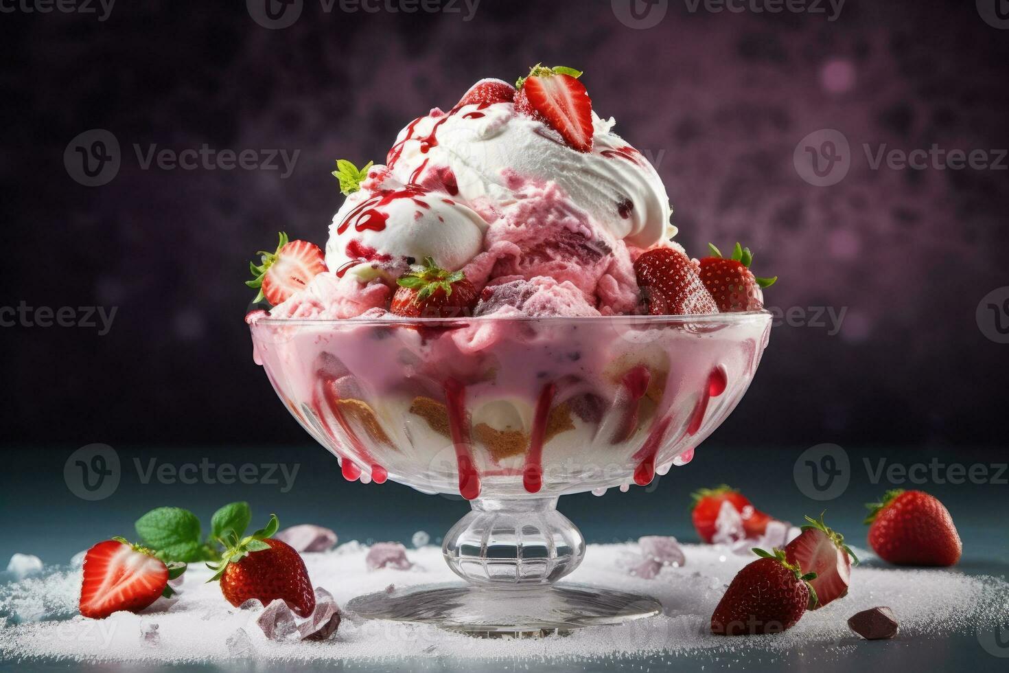 ciotola di fragola ghiaccio crema con un' cucchiaio di ghiaccio crema su superiore, generativo ai foto