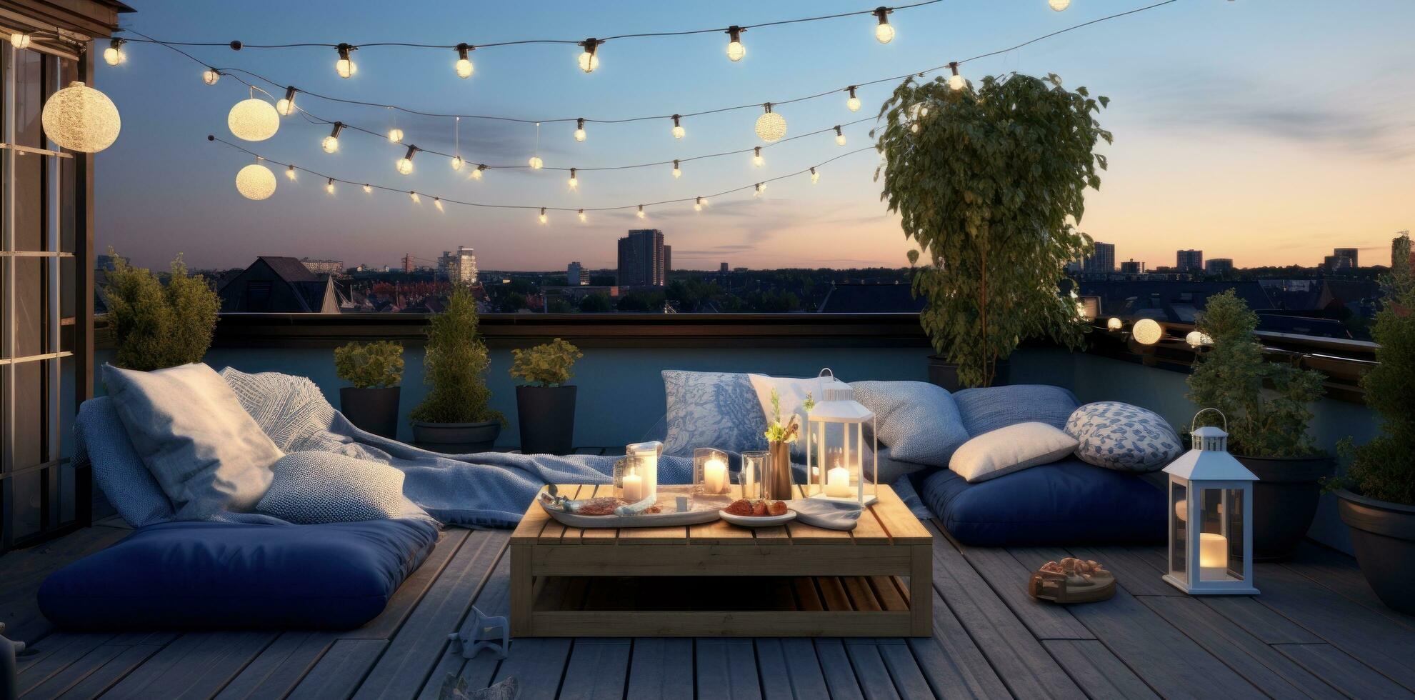 tetto terrazza decorato con all'aperto illuminazione e cuscini foto