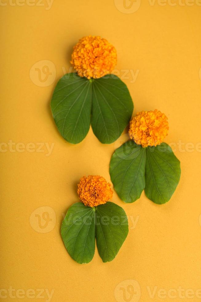 festival indiano dussehra, che mostra foglie d'oro bauhinia racemosa e fiori di calendula su uno sfondo giallo. foto