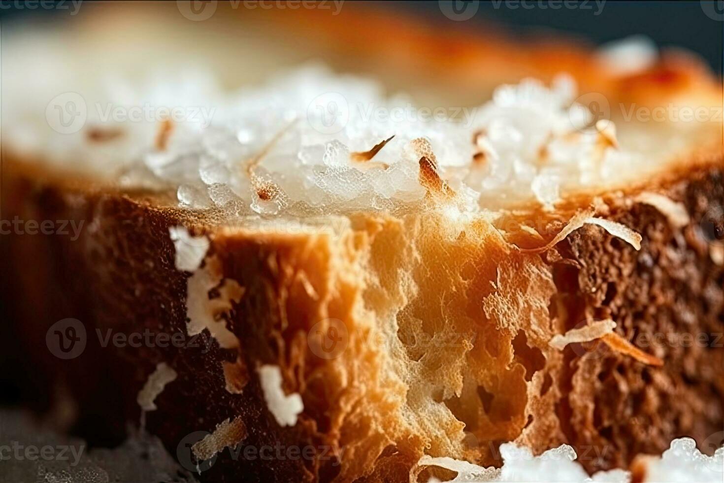 Noce di cocco pane abbrustolito, macro tiro di un' fresco prima colazione con gocciolante Miele, ai generato foto