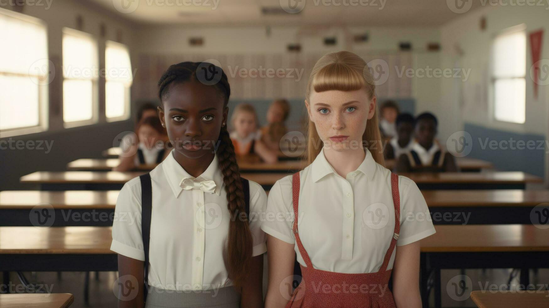 Due adolescente ragazze siamo gli amici. ragazze con nero e bianca pelle. scuola amici foto