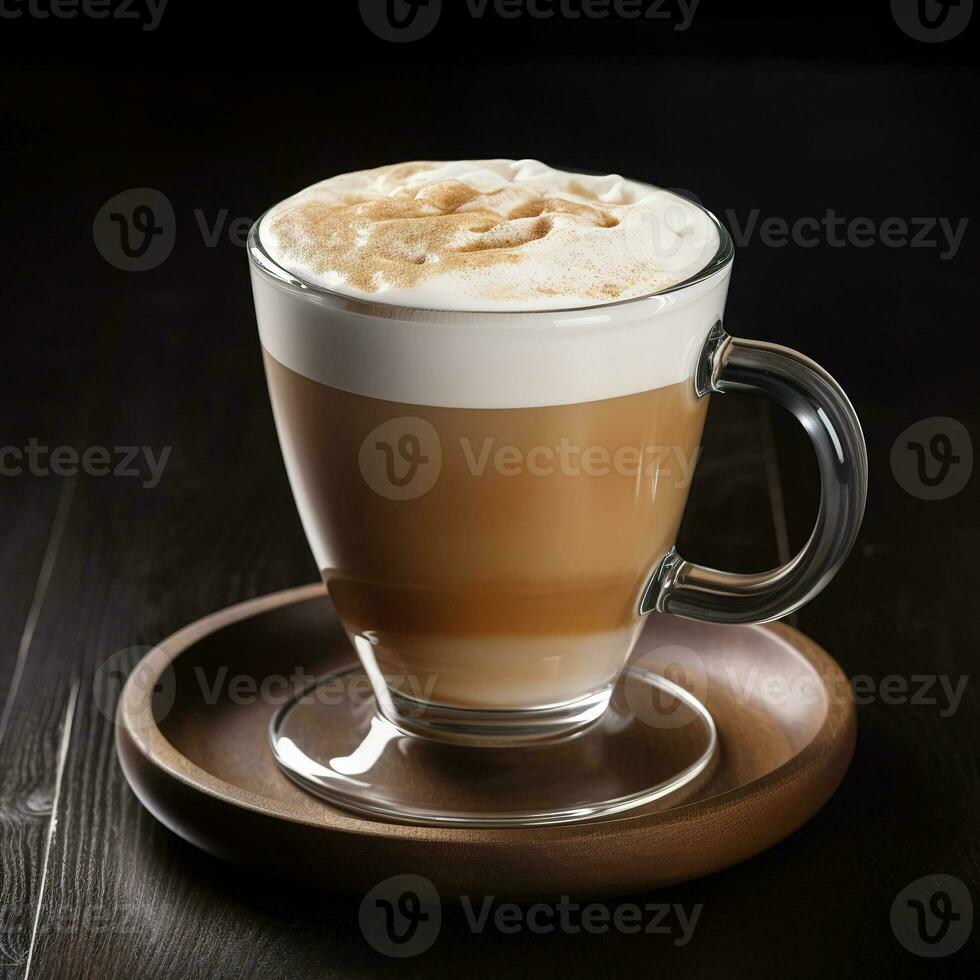 latte macchiato. un' tazza di caffè su un' di legno tavolo. ai generato foto