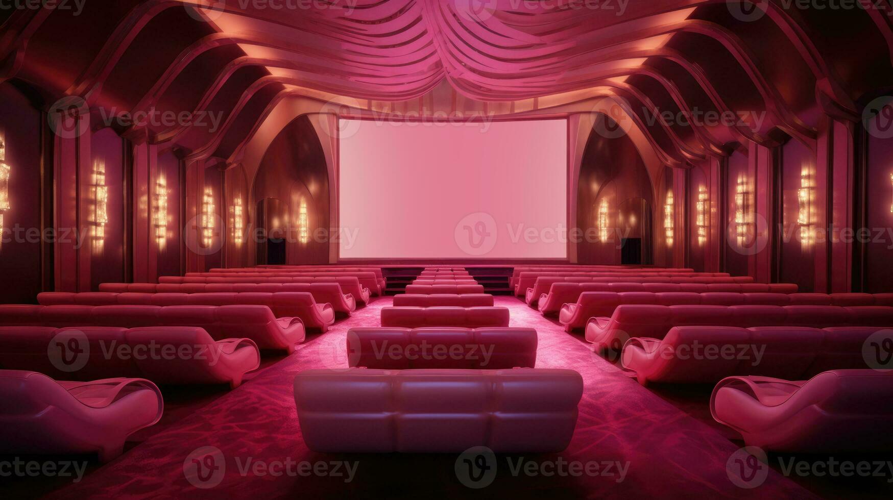 vuoto rosa cinema sala. Visualizza di vuoto cinema schermo con rosa sedie. foto