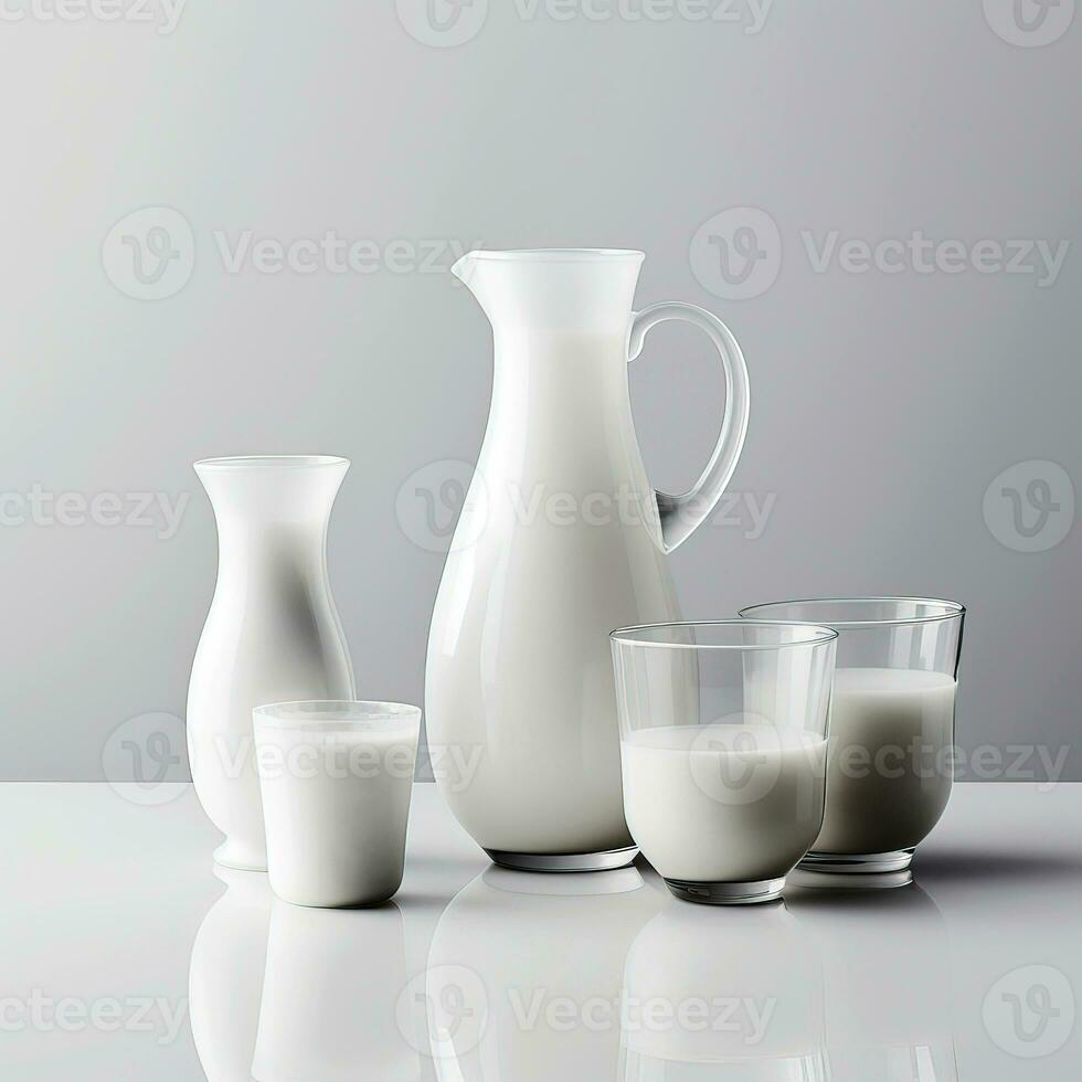 latte su un' bianca sfondo. azienda agricola latte nel un' bicchiere. senza lattosio latte su un' bianca tavolo. un' impostato di latteria prodotti. foto