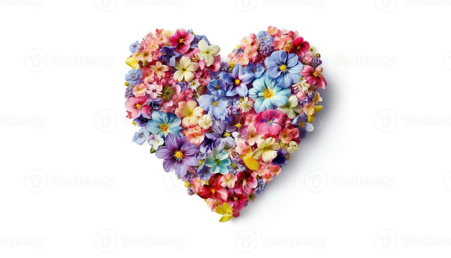 cuore a partire dal fiori su un' bianca sfondo avvicinamento. delicato rosa e blu mazzo nel il forma di un' cuore. ai generato foto