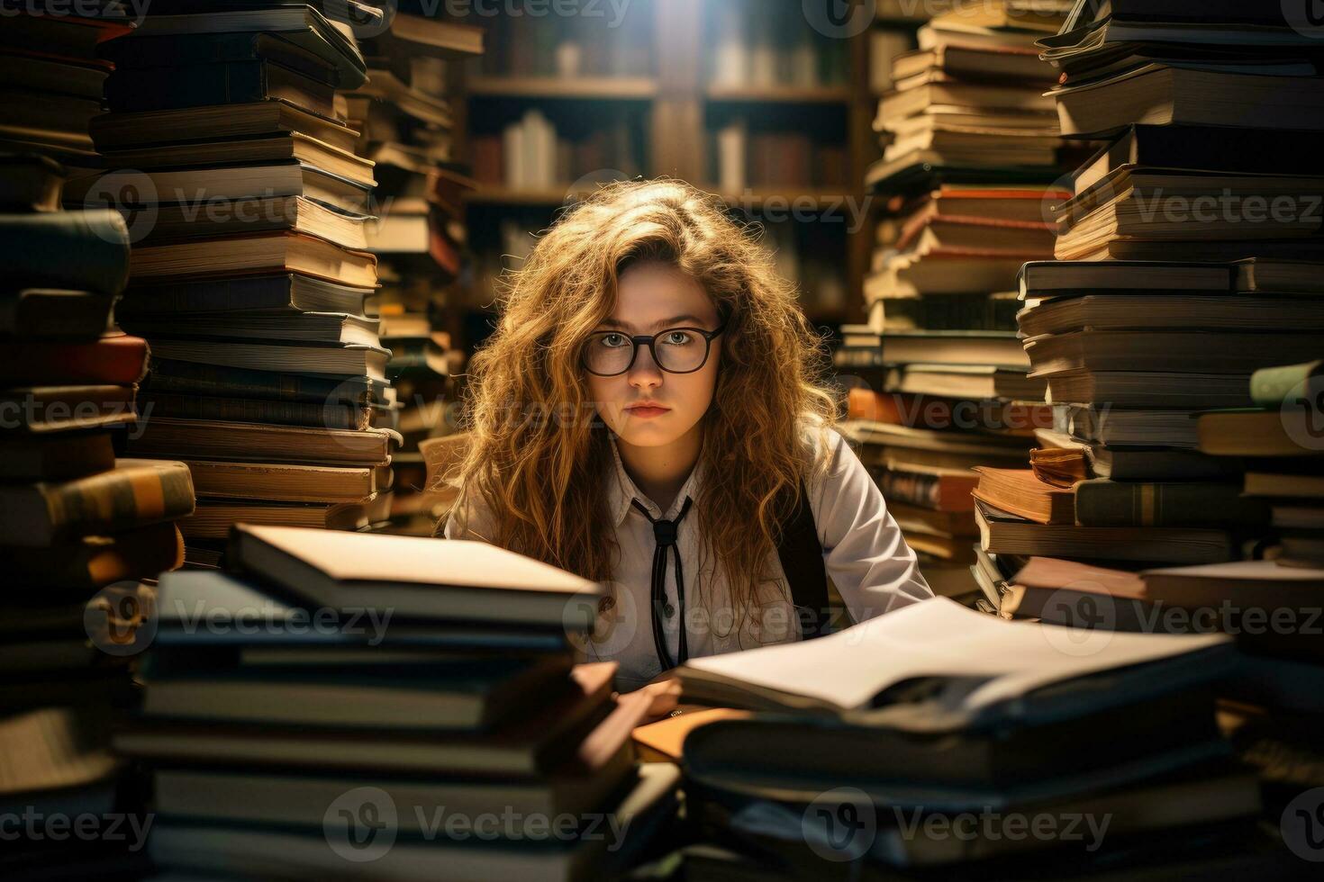 alunno con pile di libri nel biblioteca foto