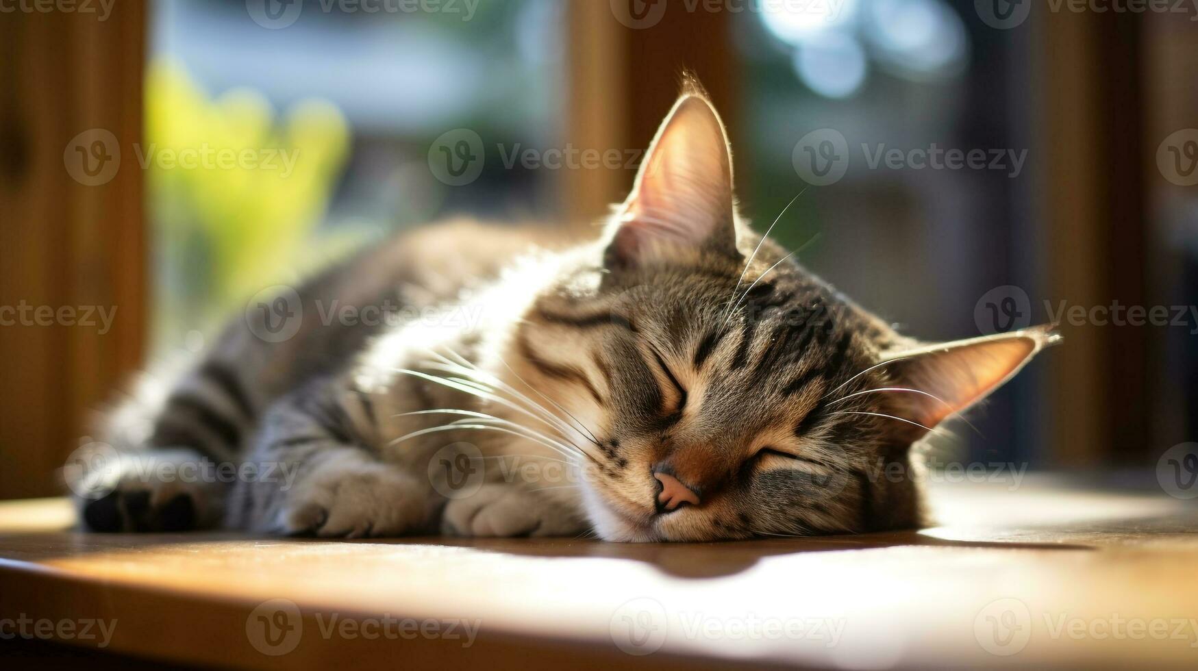 foto di gatto addormentato su il tavolo nel davanti di il finestra. generativo ai