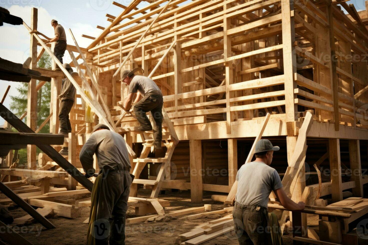 qualificato lavoratori edificio di legno residenze. foto