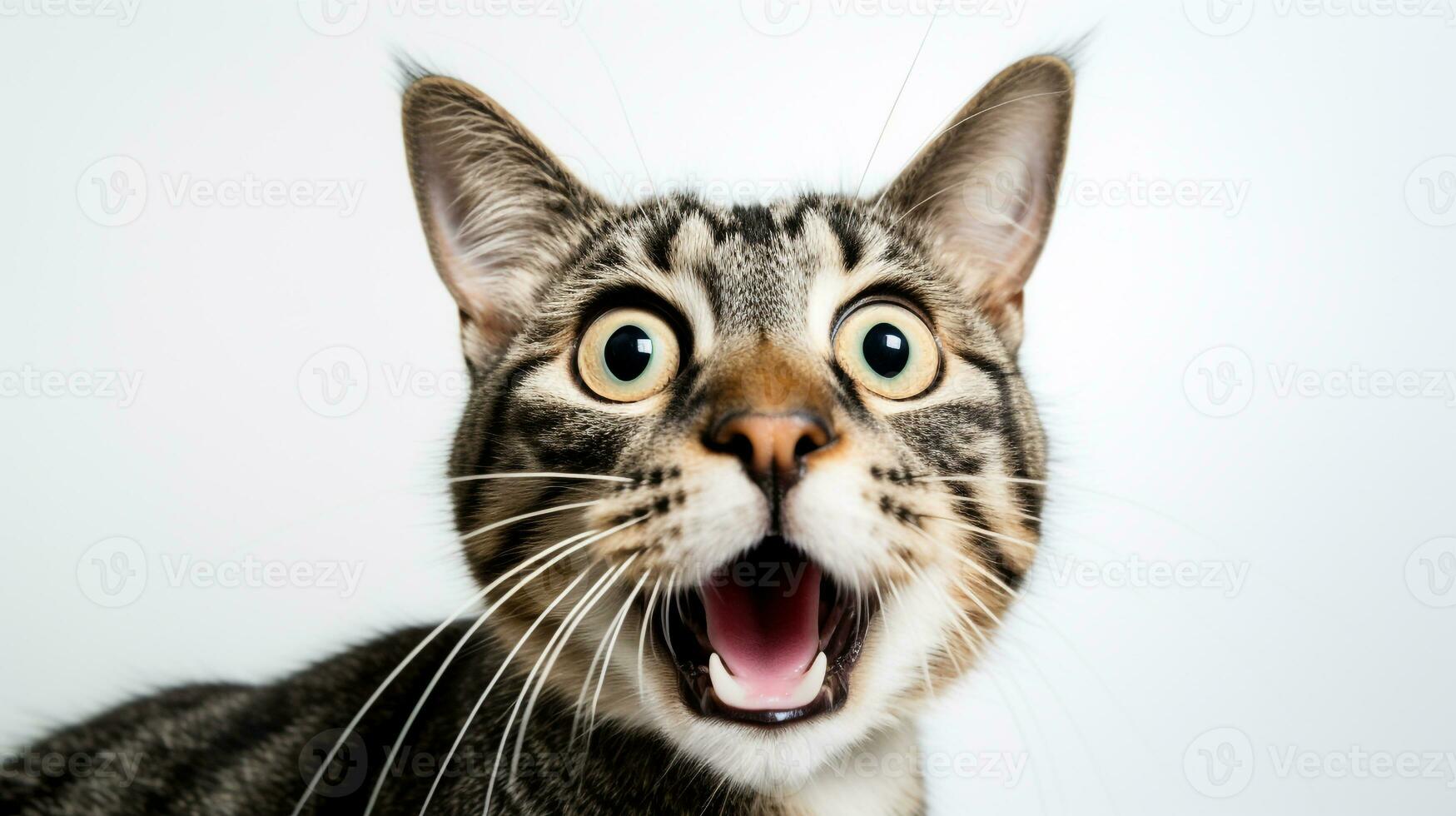 avvicinamento foto di un' divertente scioccato americano bobtail attaccare su il suo lingua isolato su un' bianca sfondo. generativo ai
