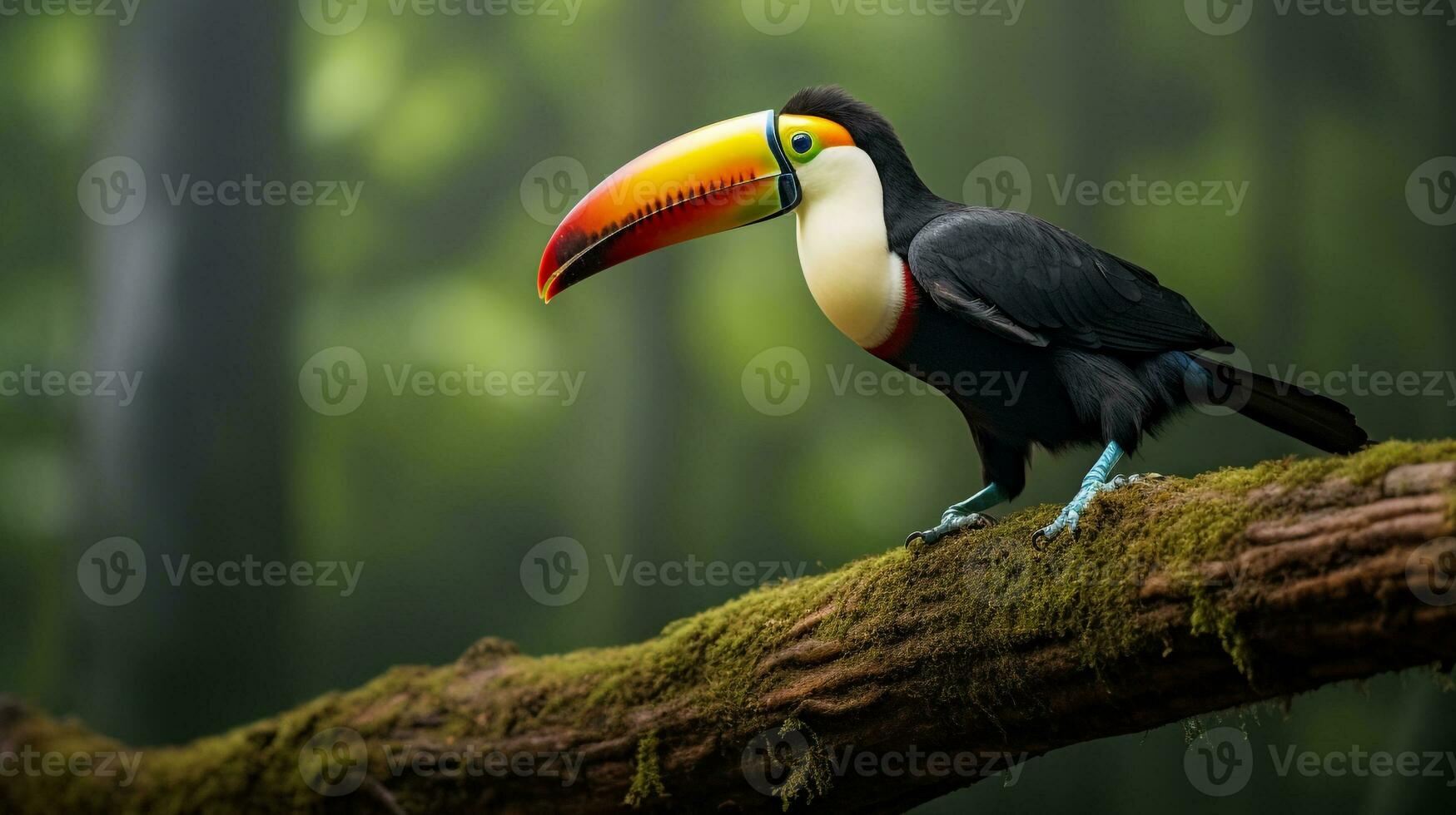 foto di un' tucano in piedi su un' caduto albero ramo a mattina. generativo ai