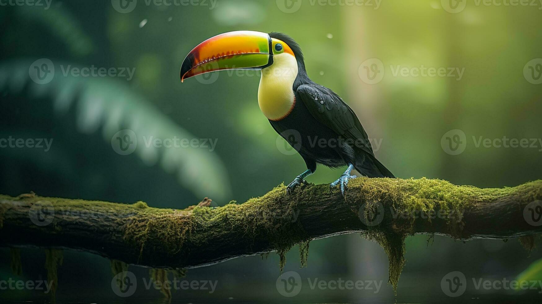 foto di un' tucano in piedi su un' caduto albero ramo a mattina. generativo ai