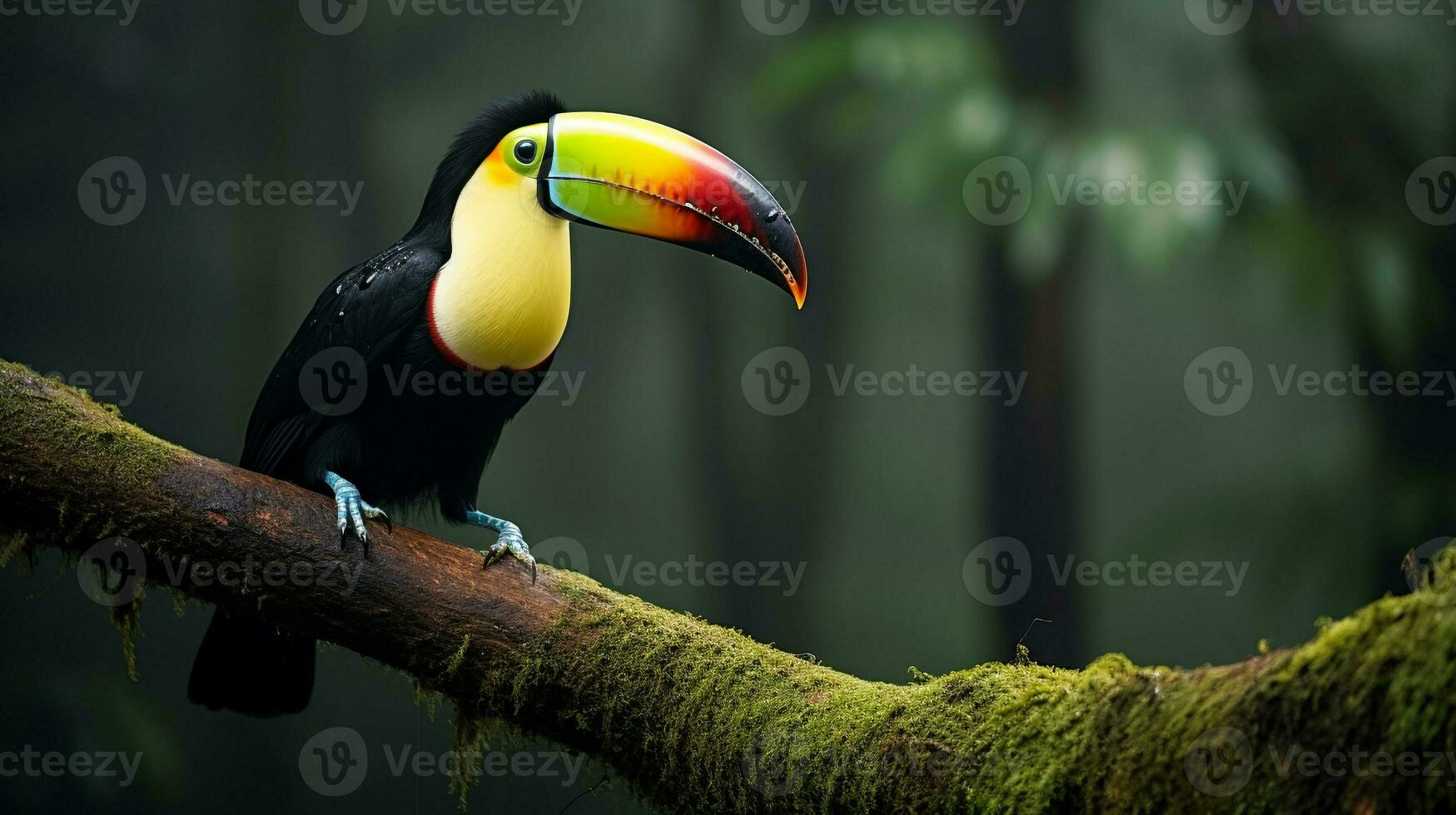 foto di un' tucano in piedi su un' caduto albero ramo a mattina. generativo ai