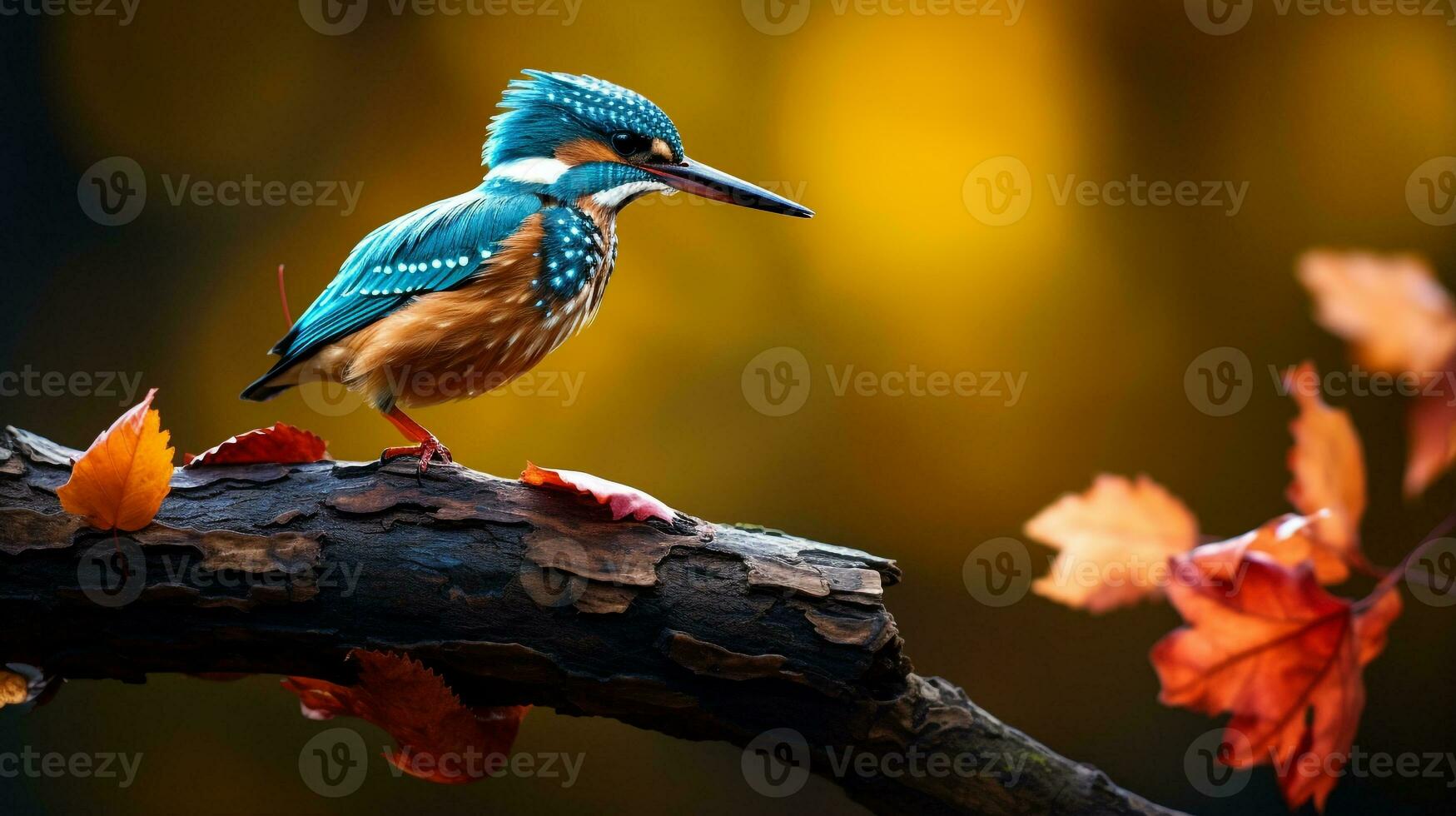 foto di un' martin pescatore in piedi su un' caduto albero ramo a mattina. generativo ai