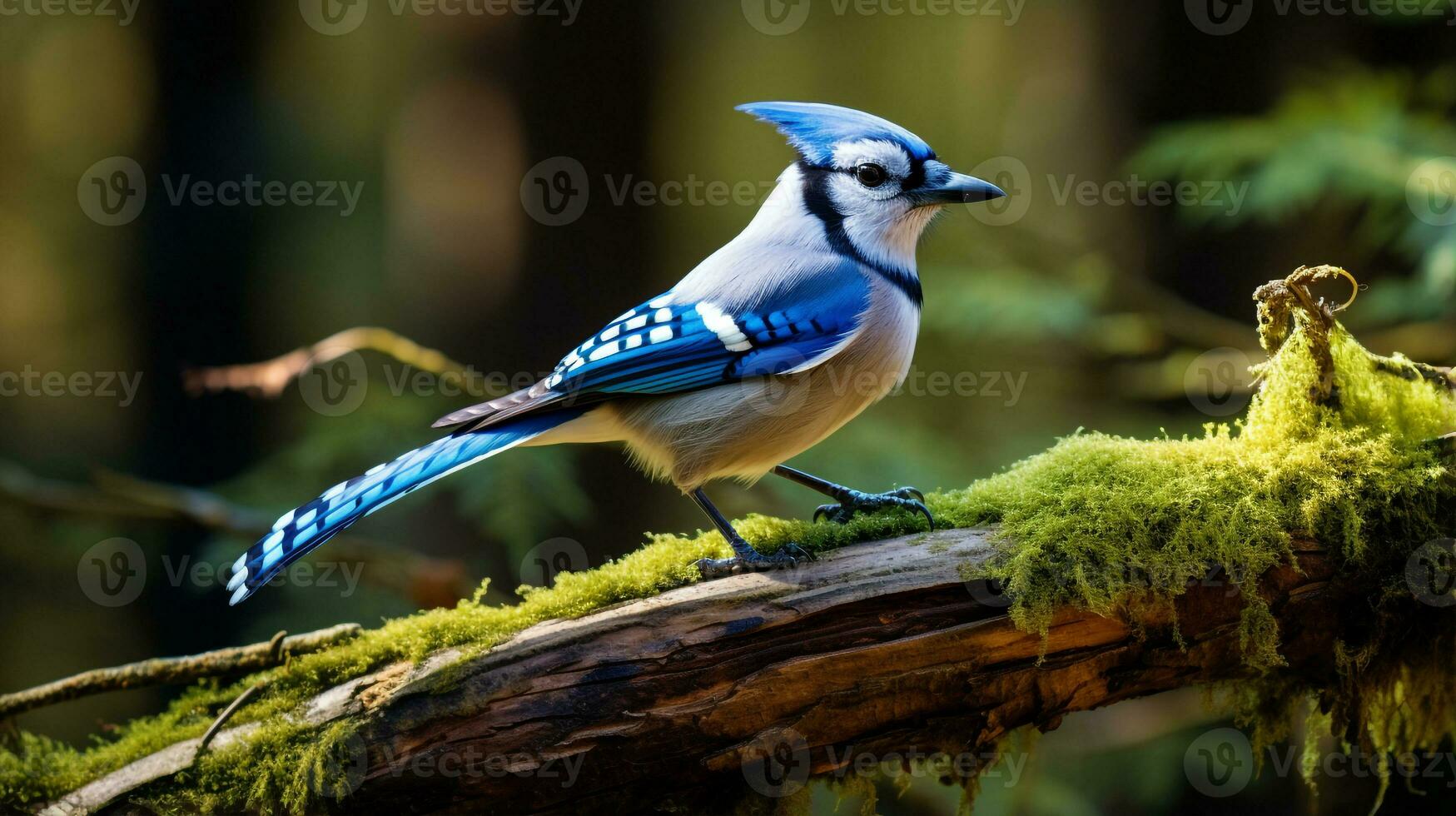 foto di un' blu ghiandaia in piedi su un' caduto albero ramo a mattina. generativo ai