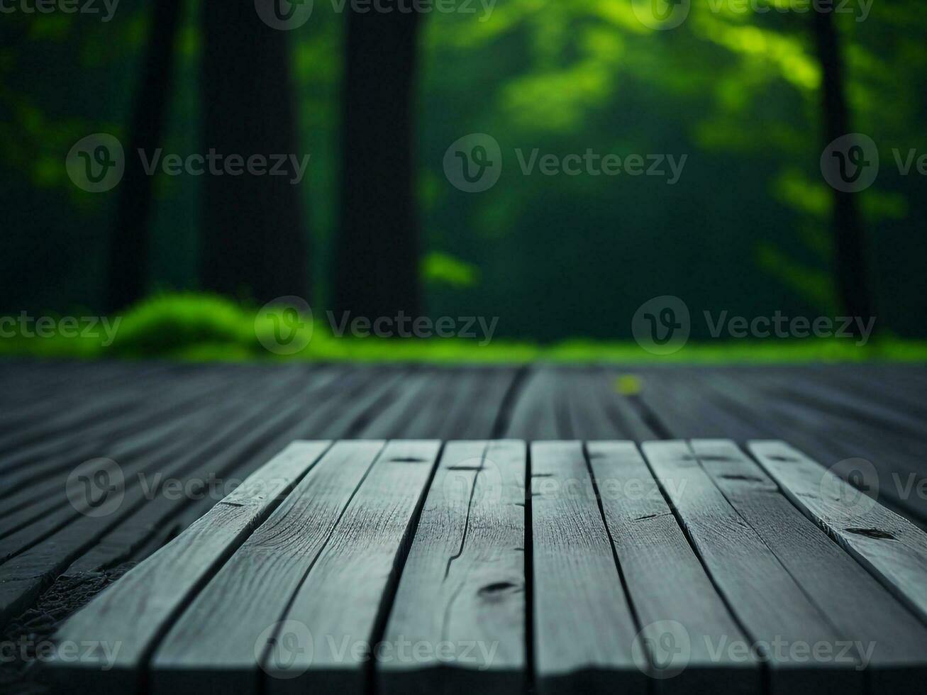 di legno tavolo e sfocatura tropicale verde colore sfondo, Prodotto Schermo montaggio. alto qualità foto 8 mila fhd ai generato