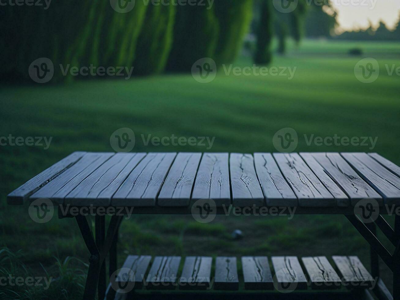 di legno tavolo e sfocatura tropicale verde erba sfondo, Prodotto Schermo montaggio. alto qualità foto 8 mila fhd ai generato