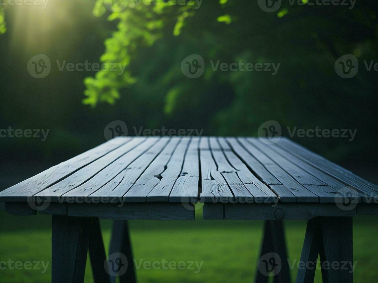 di legno tavolo e sfocatura tropicale verde erba sfondo, Prodotto Schermo montaggio. alto qualità foto 8 mila fhd ai generato