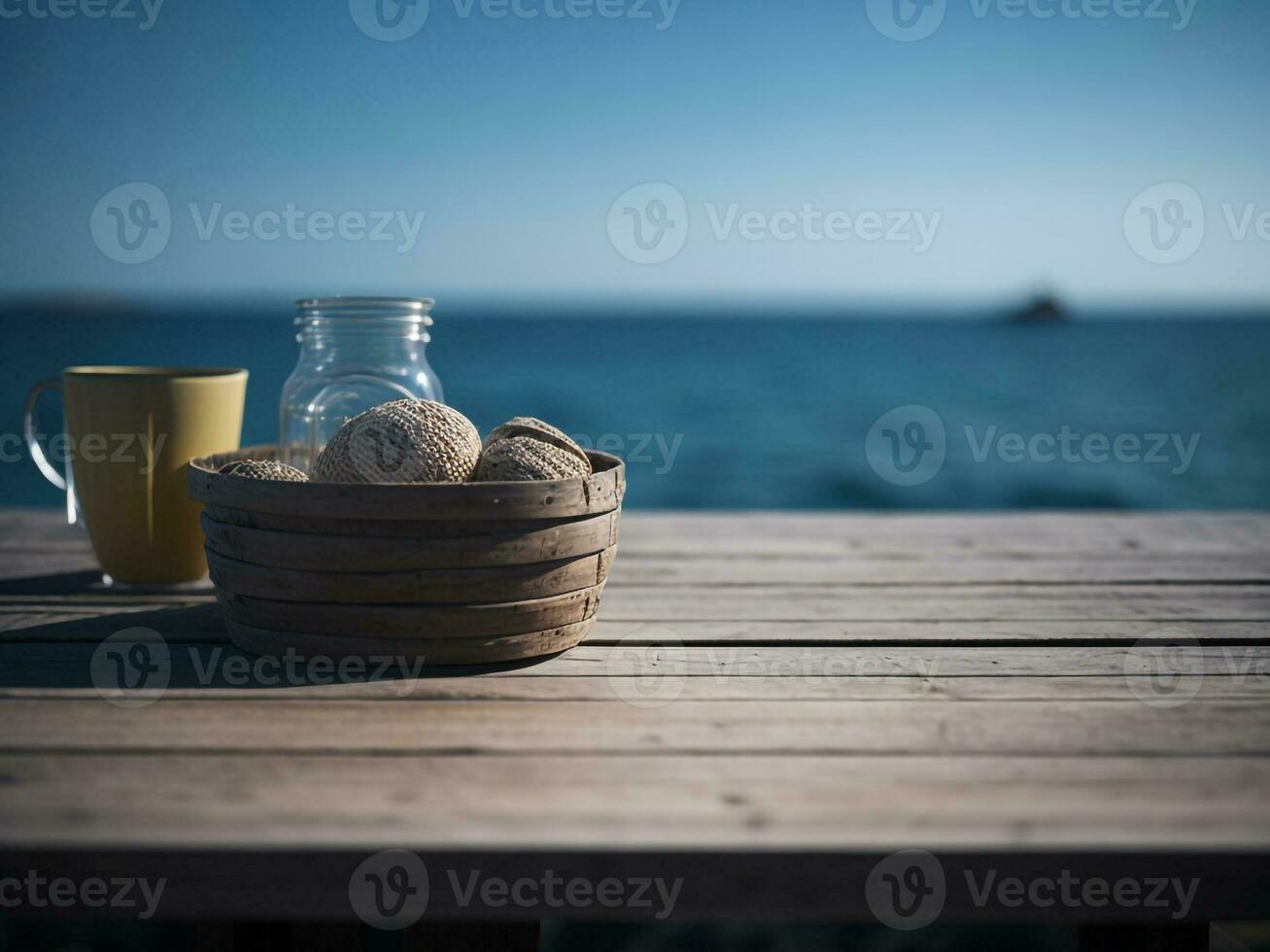 di legno tavolo e sfocatura tropicale spiaggia sfondo, Prodotto Schermo montaggio. alto qualità foto 8 mila fhd ai generato