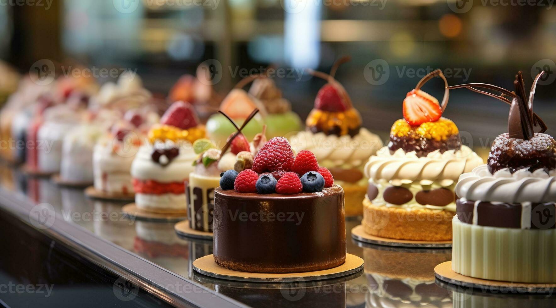 piccolo torte su Schermo a il pasticceria contatore. foto