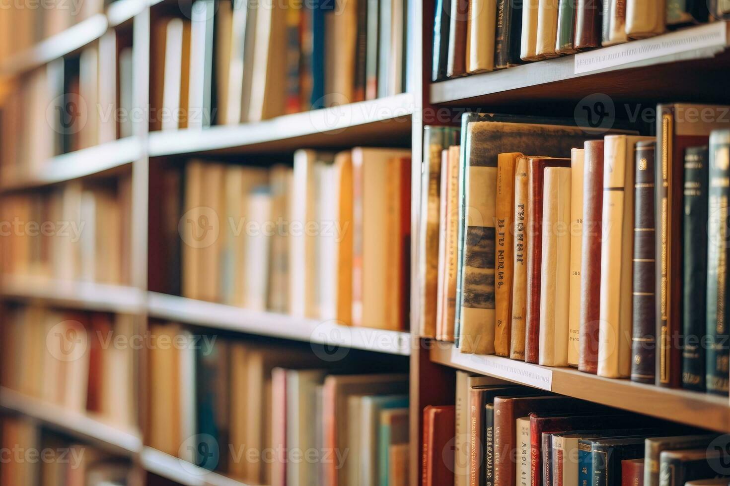 avvicinamento di libri ben organizzato su scaffali nel il libreria. il concetto di formazione scolastica foto