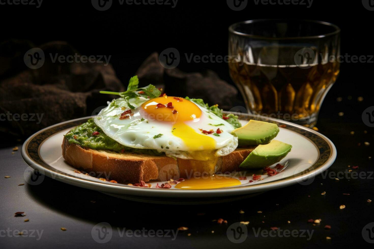 piatto con pane e fritte uovo e avocado foto