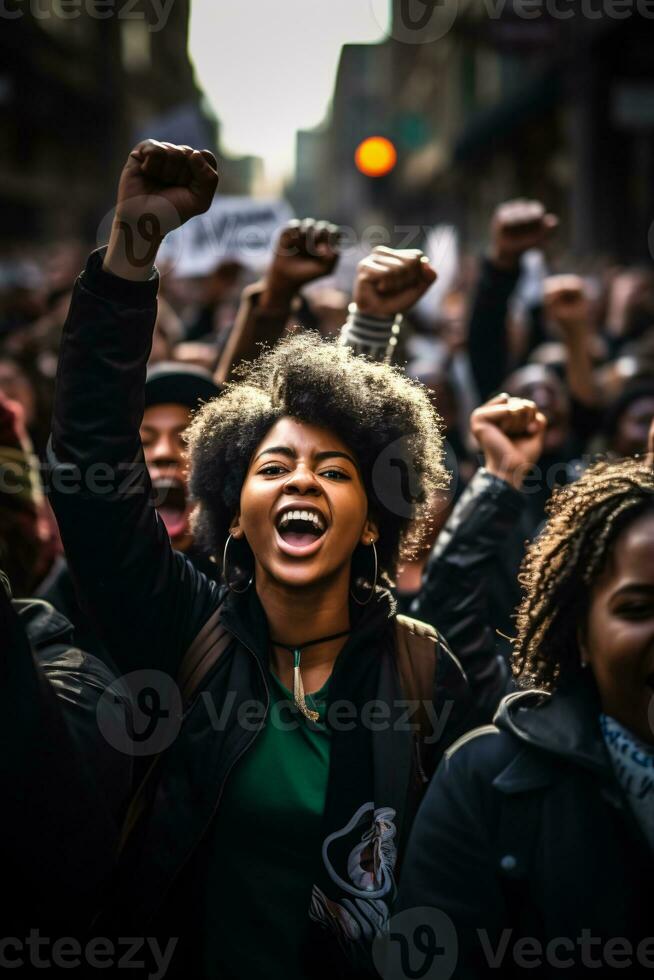 essenza di sociale attivismo con non ritagliato manifestanti in marcia per nero vite importa e LGBTQ diritti ai generativo foto