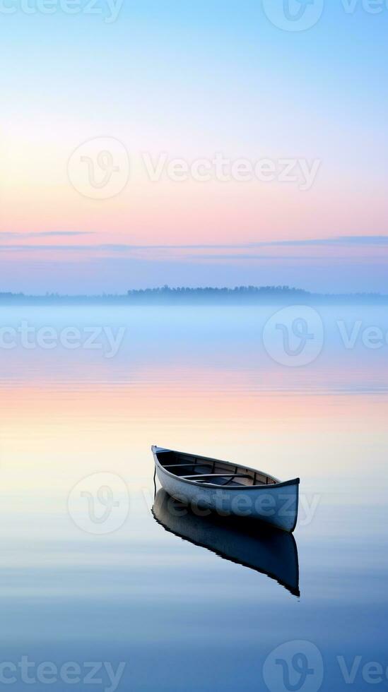 tranquillo, calmo alba al di sopra di un' calma lago con un' solitario canottaggio barca nel il distanza ai generativo foto