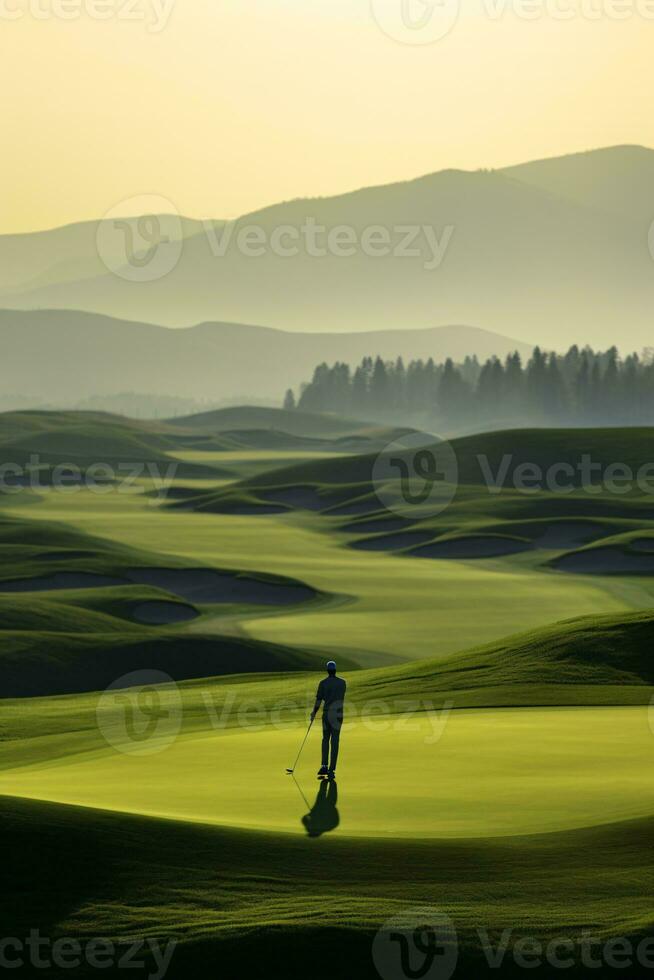 Esperienza di golf in mezzo il vasto distesa di natura e meravigliosamente illuminato paesaggio ai generativo foto