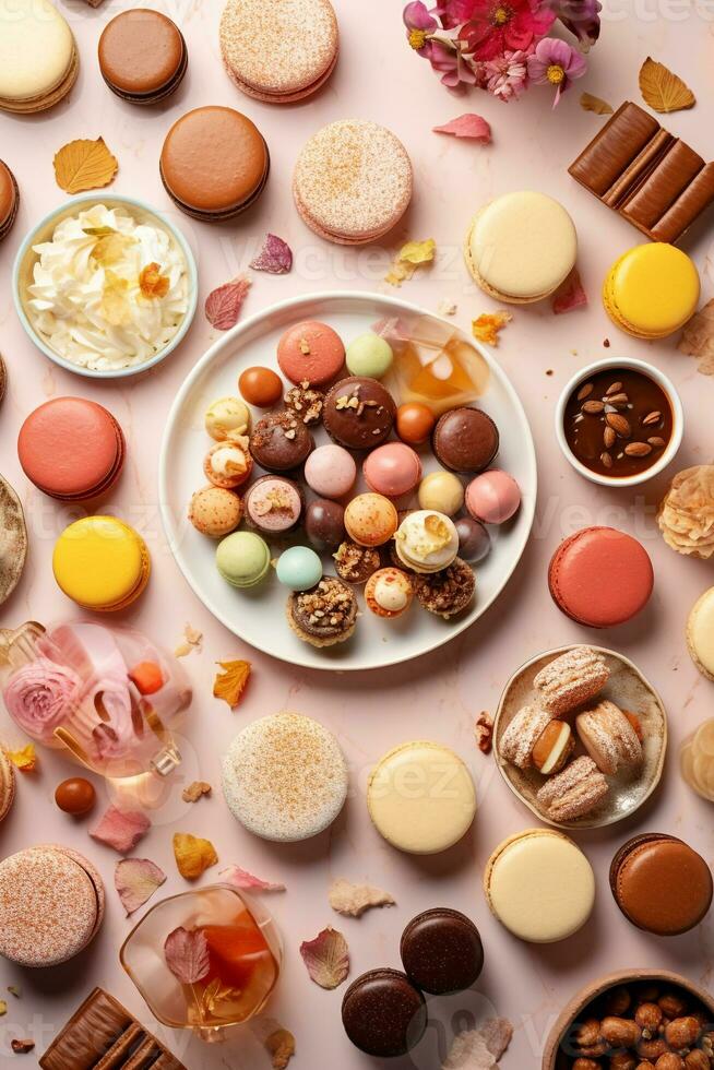 globale dolce medley un' travolgente piatto-lay di Tiramisù macarons e baklava ai generativo foto